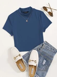 SHEIN MOOSTA Mock Neck Rib Knit Tee
