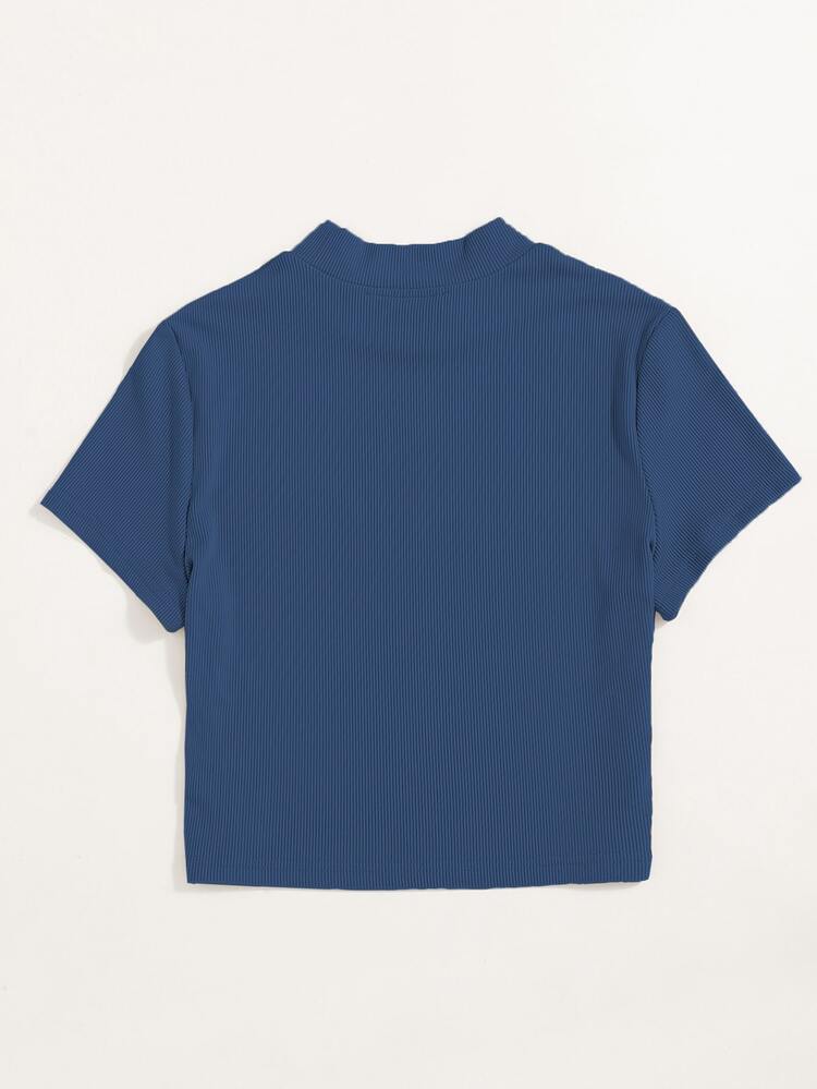 SHEIN Unity Mock Neck Rib Knit Tee - Navy Blue - View 2