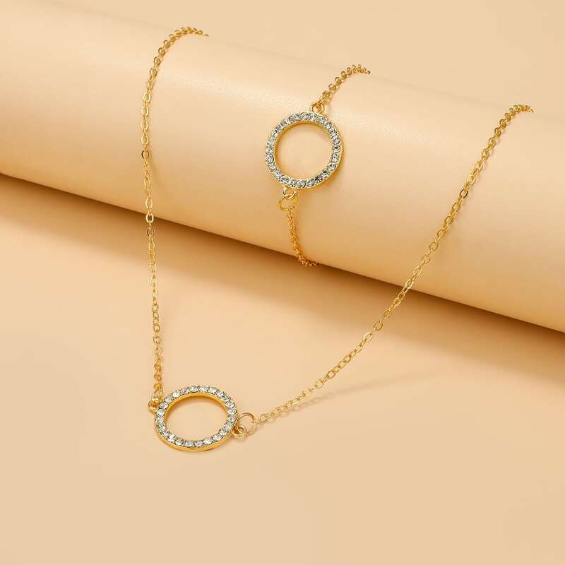 

2pcs Rhinestone Pendant Necklace & Bracelet, Gold