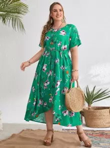 大碼花卉繫帶圍裹下擺洋裝 - 綠色 - 查看 1