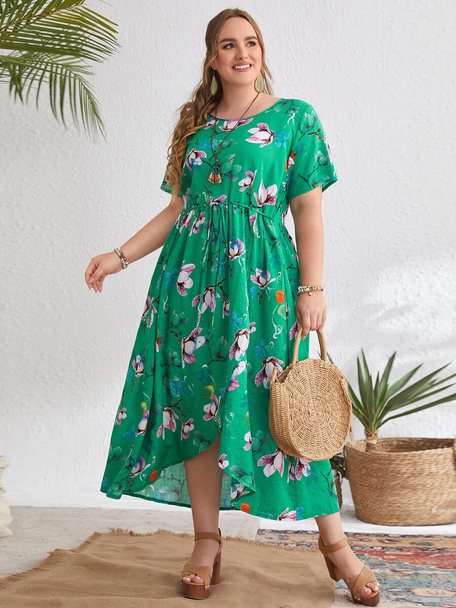 大碼花卉繫帶圍裹下擺洋裝 - 綠色 - 查看 1