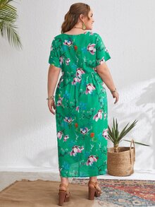 大碼花卉繫帶圍裹下擺洋裝 - 綠色 - 查看 2