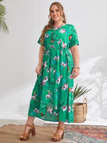 大碼花卉繫帶圍裹下擺洋裝 - 綠色 - 查看 3