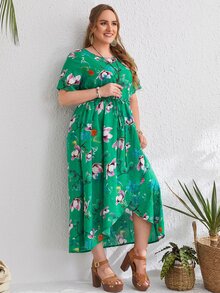 大碼花卉繫帶圍裹下擺洋裝 - 綠色 - 查看 4