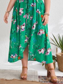 大碼花卉繫帶圍裹下擺洋裝 - 綠色 - 查看 5