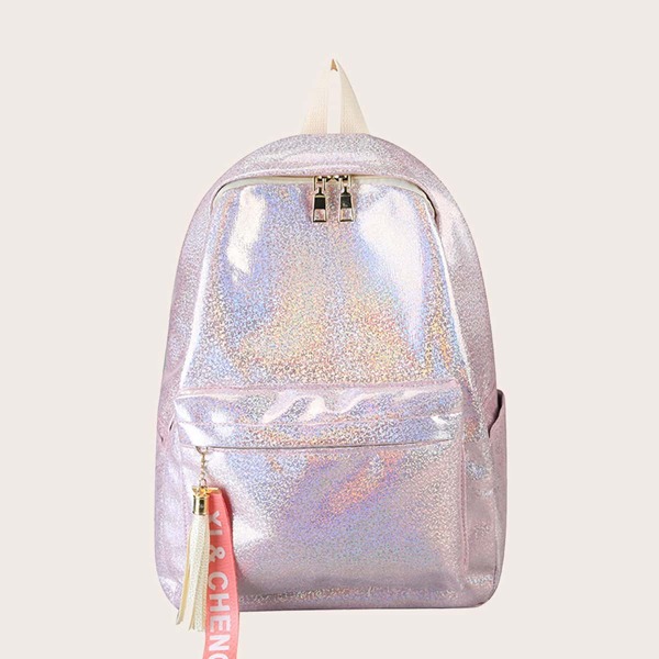 

Tassel Decor Pocket Front Backpack, Pink