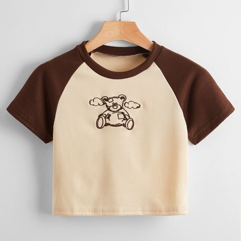 

Cartoon Bear Embroidery Colorblock Tee, Multicolor