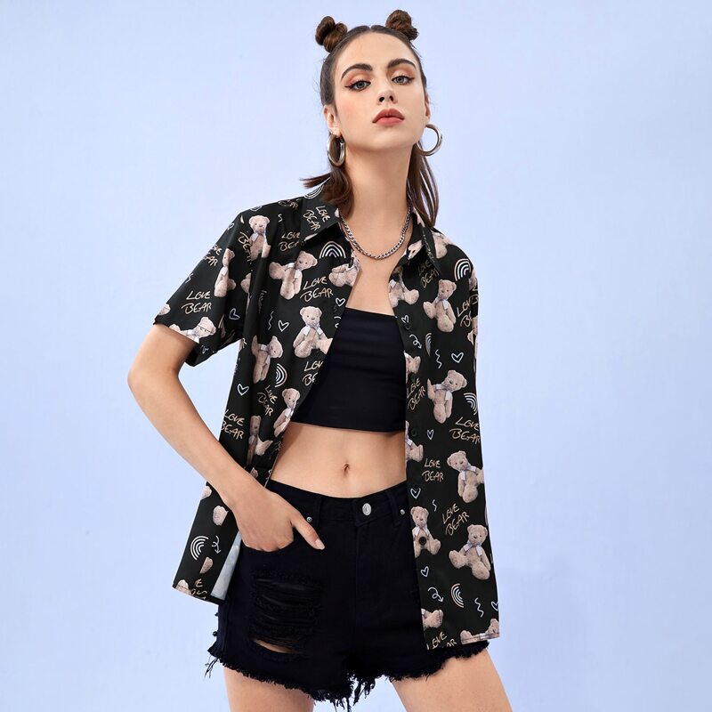 

Letter Cartoon Bear Print Button Front Blouse, Multicolor