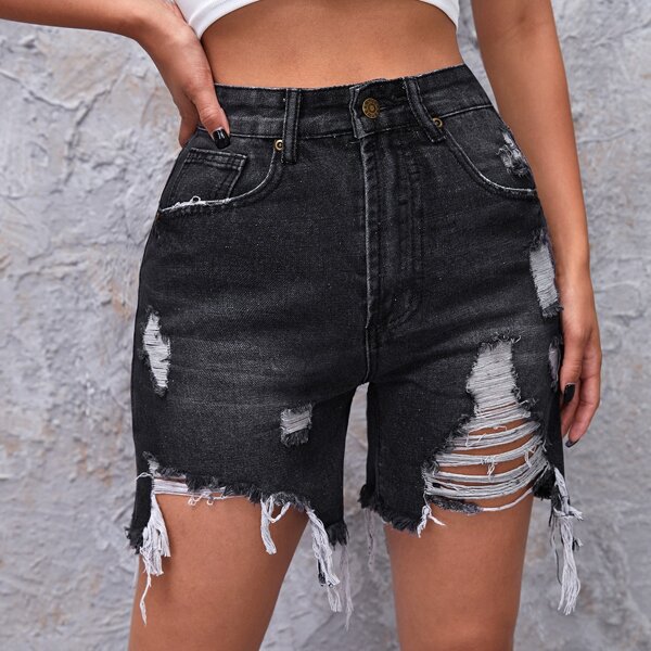 

High Waist Ripped Raw Hem Denim Shorts, Dark grey