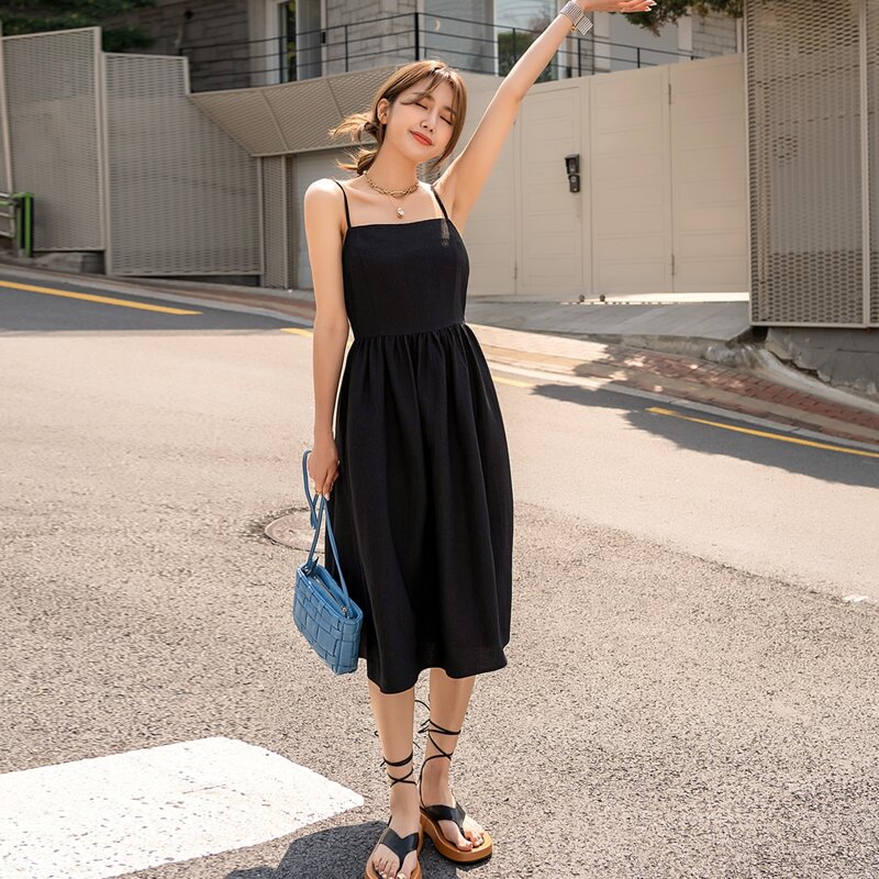 

Solid Flared Hem Cami Dress, Black