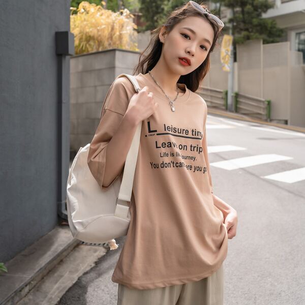 

Slogan Graphic Drop Shoulder Tee, Khaki