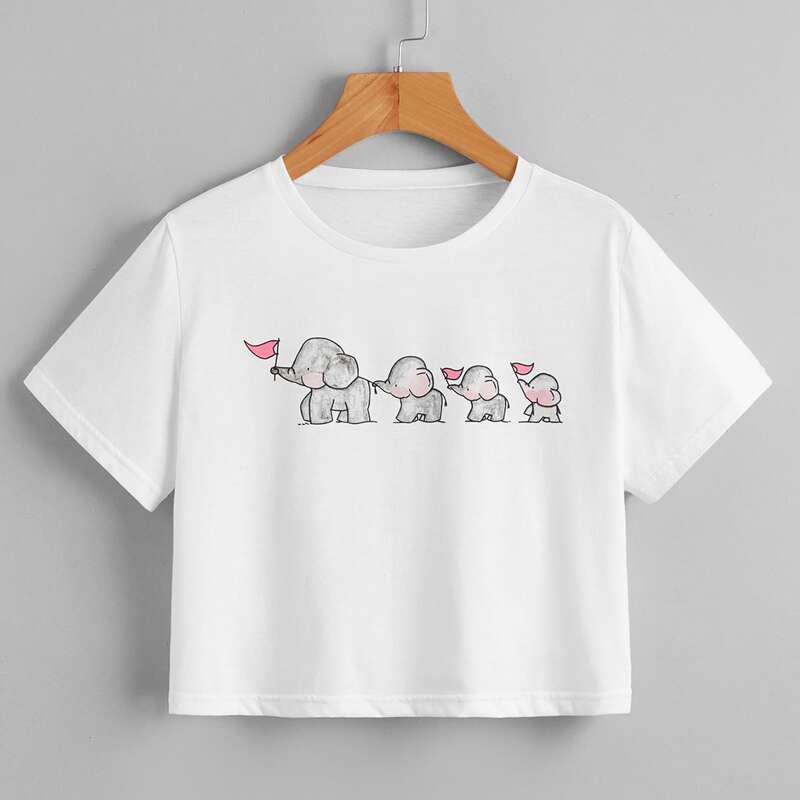 Cartoon Elephant Graphic Crop Tee, White