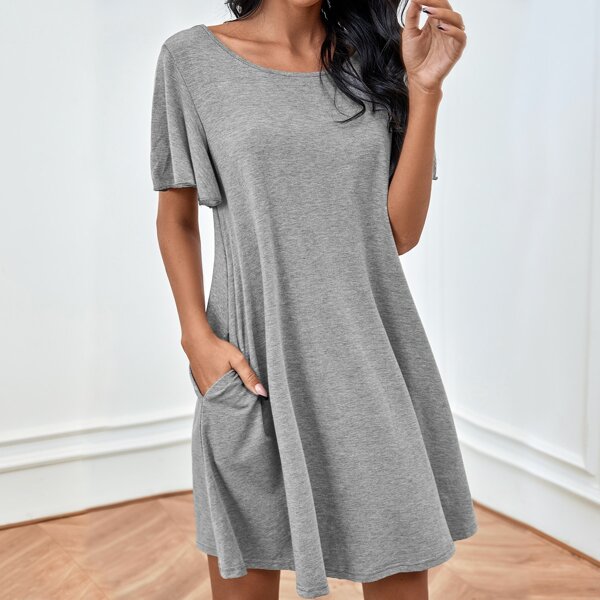 

Lace Panel V-back Tee Dress, Grey