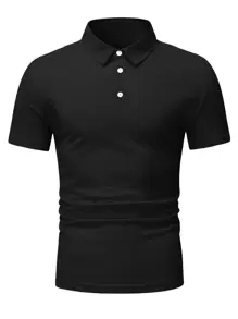 Manfinity Homme Hombres Camisa polo unicolor con botón - Negro - Ver 1