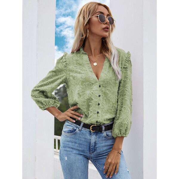 

Fuzzy Notched Neck Bishop Sleeve Blouse, Green