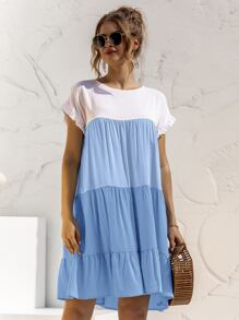 Contrast Panel Flounce Sleeve Smock Dress - Blue and White - View 1