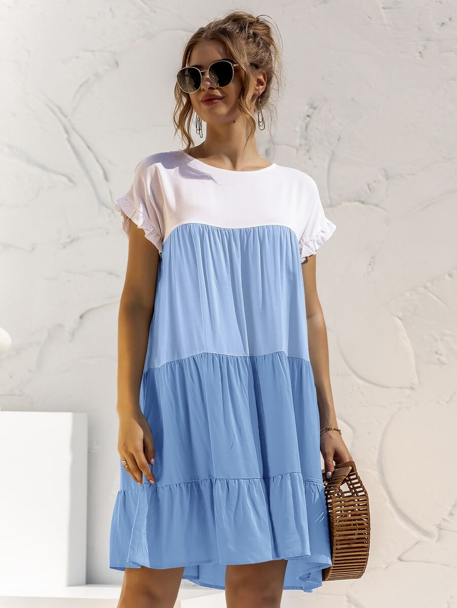 Contrast Panel Flounce Sleeve Smock Dress - Blue and White - View 1