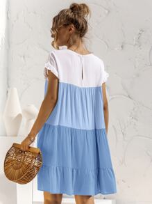 Contrast Panel Flounce Sleeve Smock Dress - Blue and White - View 2