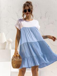 Contrast Panel Flounce Sleeve Smock Dress - Blue and White - View 3