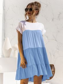 Contrast Panel Flounce Sleeve Smock Dress - Blue and White - View 4
