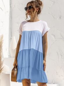 Contrast Panel Flounce Sleeve Smock Dress - Blue and White - View 5