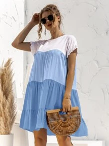 Contrast Panel Flounce Sleeve Smock Dress - Blue and White - View 6