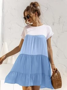 Contrast Panel Flounce Sleeve Smock Dress - Blue and White - View 7
