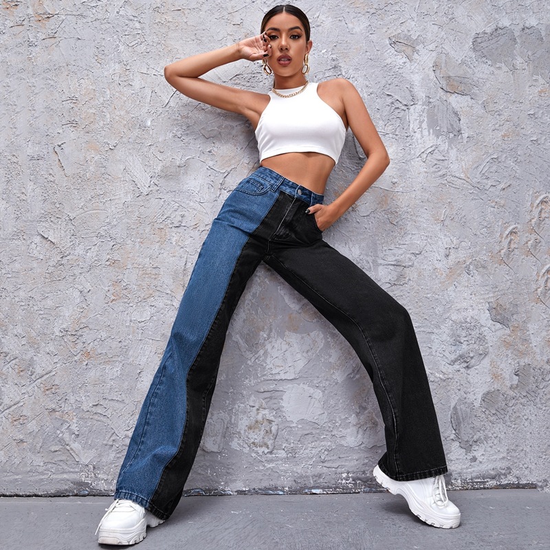 

High Waist Color Block Wide Jeans, Multicolor