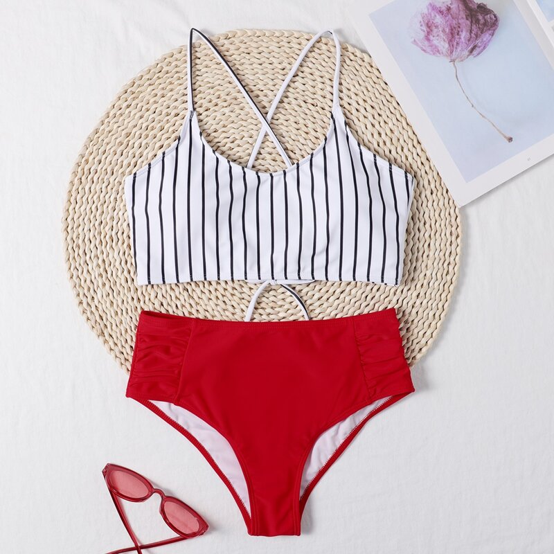 

Striped Ruched High Waisted Bikini Swimsuit, Red and white