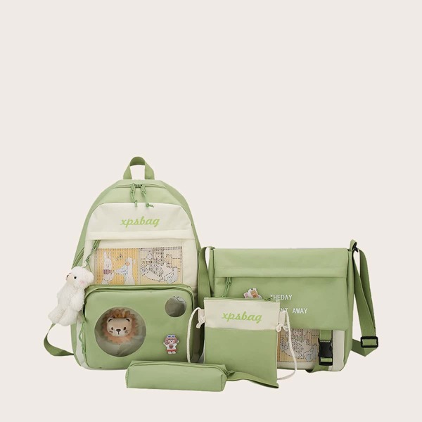 

4pcs Girls Cartoon Charm Backpack Set, Green