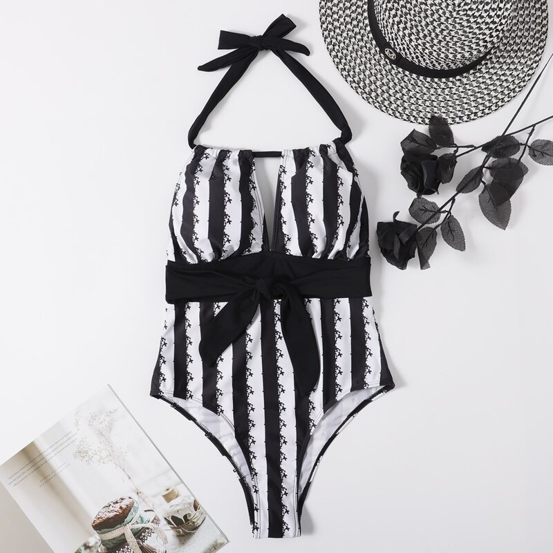 

Striped Knot Halter One Piece Swimsuit, Black and white