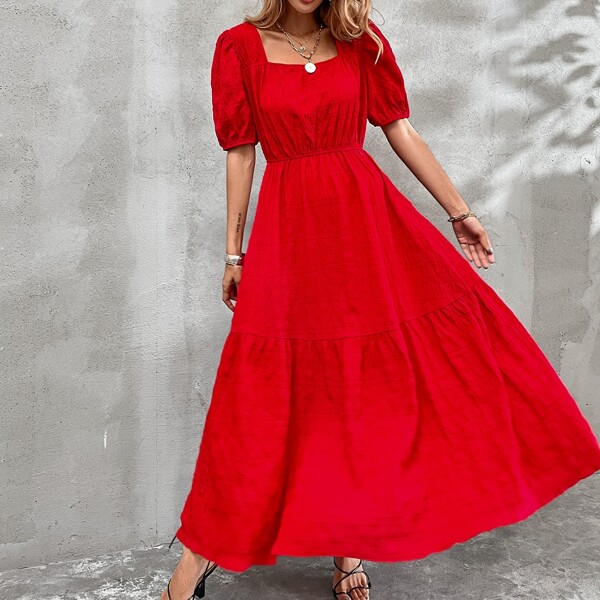 

Solid Square Neck A-line Dress, Red