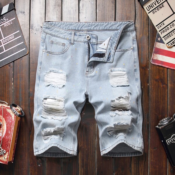 

Men Ripped Washed Denim Shorts, Light wash