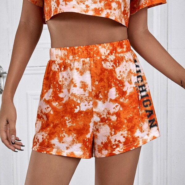 

Tie Dye And Letter Graphic Shorts, Orange