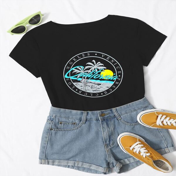 

Palm Tree And Letter Graphic Tee, Black