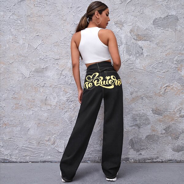 

High Waist Slogan Graphic Wide Jeans, Black