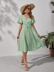 SHEIN VCAY Ditsy Floral Drawstring Waist Dress - Green - View 3