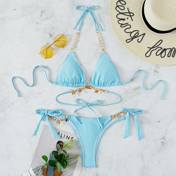 

Chain Linked Triangle Tie Side Bikini Swimsuit, Baby blue