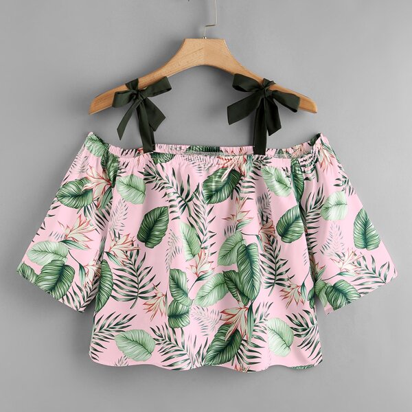 

Plus Knot Shoulder Tropical Print Blouse, Multicolor