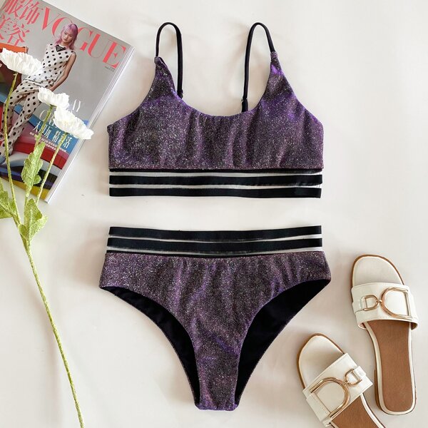 

Glitter Contrast Mesh Bikini Swimsuit, Purple