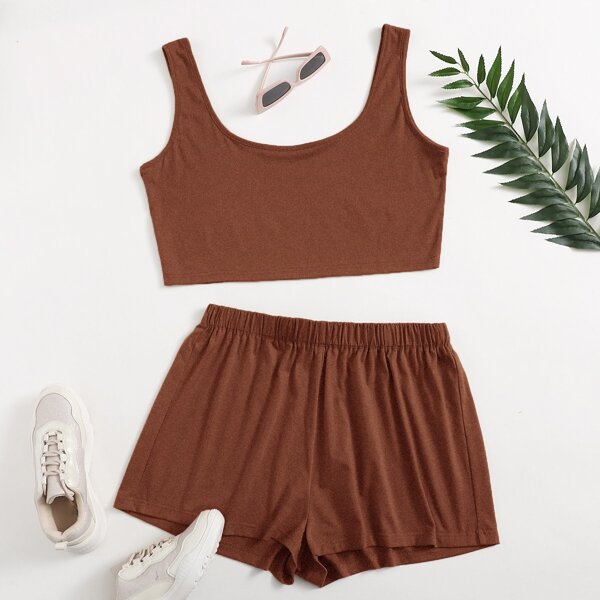 

Plus Solid Tank Top With Shorts, Coffee brown