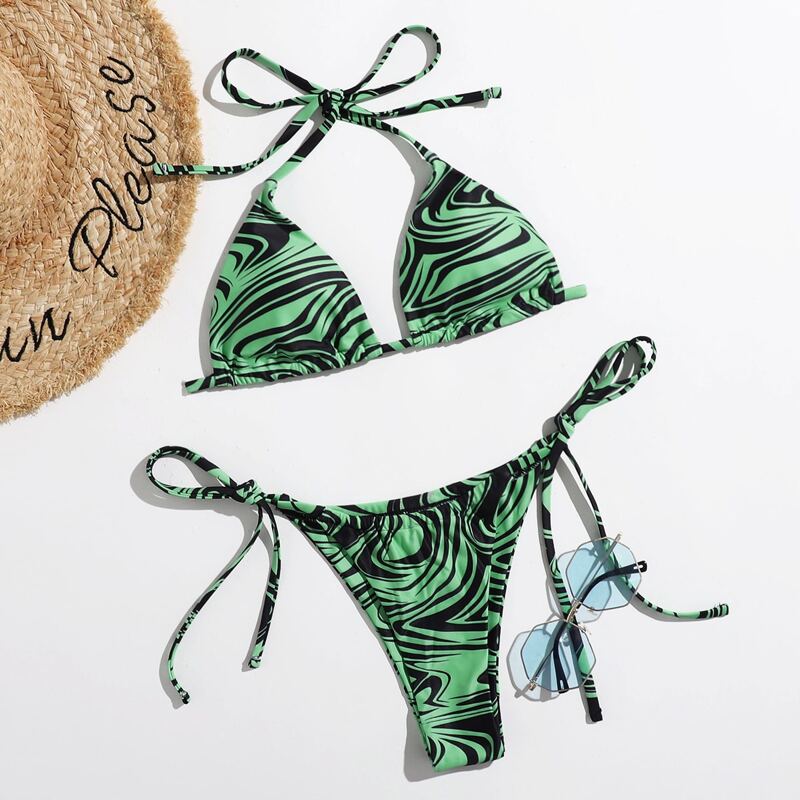 

Graphic Triangle Tie Side Bikini Swimsuit, Green