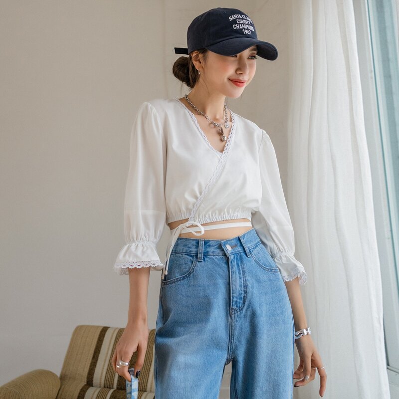

Lace Trim Crop Wrap Blouse, White