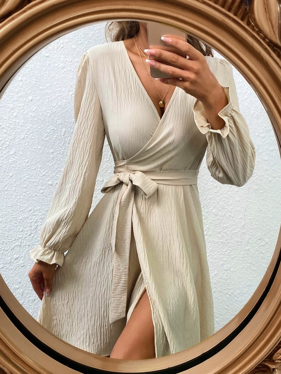 Chiquease 交疊領腰帶燈籠袖洋裝 - 杏色 - 查看 1