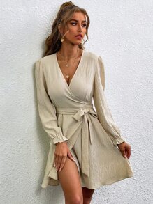 Chiquease 交疊領腰帶燈籠袖洋裝 - 杏色 - 查看 3