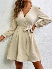 Chiquease 交疊領腰帶燈籠袖洋裝 - 杏色 - 查看 7