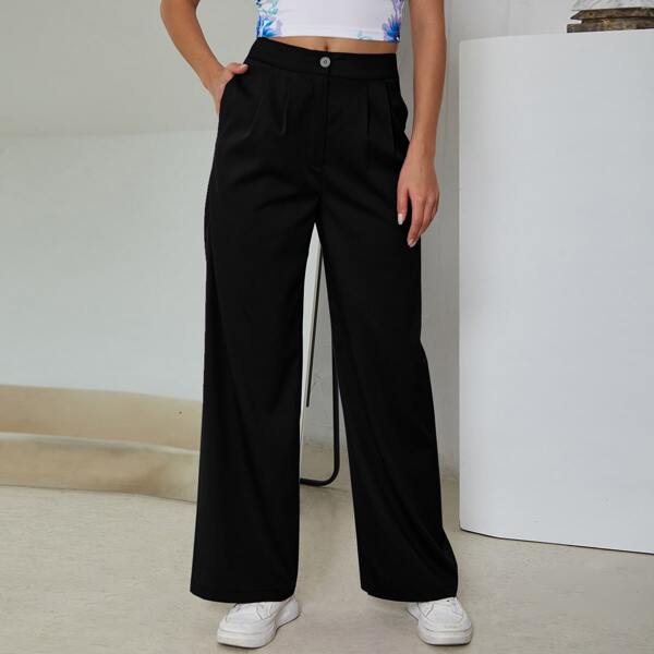 

Button Waist Wide Leg Pants, Black