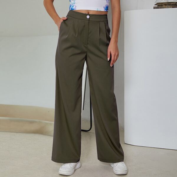 

Button Waist Wide Leg Pants, Dark green