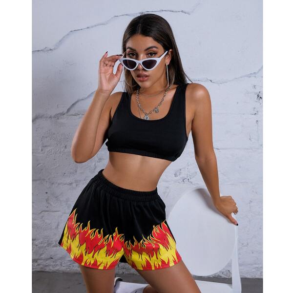 

Sports Bra & Fire Graphic Shorts Set, Black