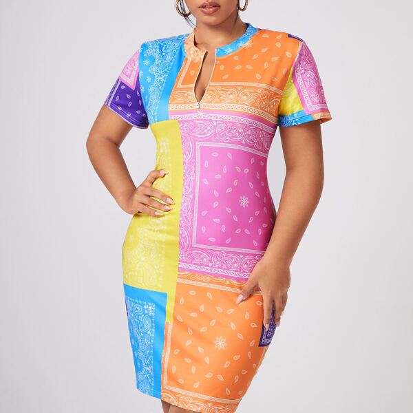 

Plus Scarf And Paisley Print Notched Neck Bodycon Dress, Multicolor